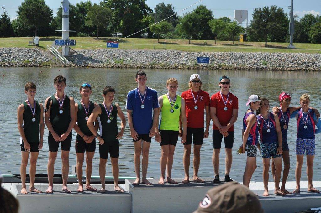 On the top of the podium in Oklahoma City after the 4-person (K4) 1000m event in 3:32.575. L to R: Liam Jennings, Ryan Wurts, and Ashby Bodine.