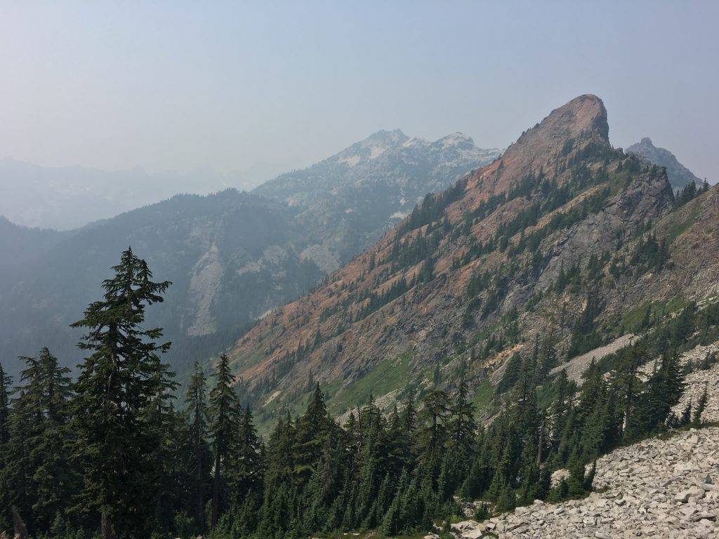 The view from Kendall Katwalk, August 18, 2018: Commonwealth Basin, Snoqualmie Mountain, and Alpental Ski Area backcountry