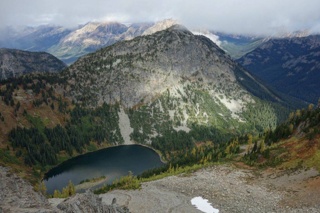Lake Ann from Maple Pass; the trail cuts across the slope above Lake Ann