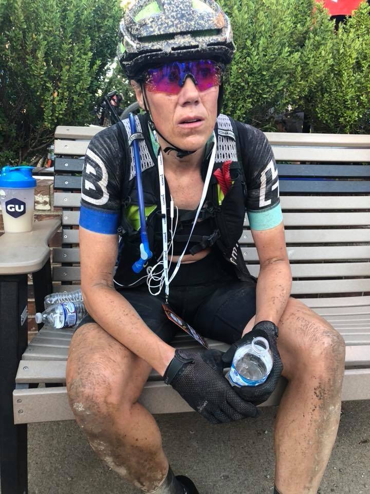 Post-ride at the 206-mile Dirty Kanza. "I was unable to walk and the volunteers carried me to this bench. I gave everything I had in the Flint Hills of Kansas."