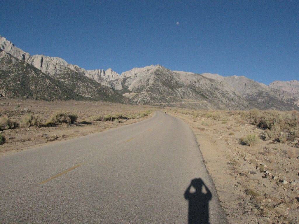 The intimidating switchbacks up Whitney Portal Rd. in the distance.