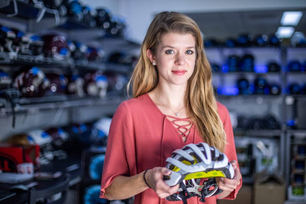 Megan Bland, a doctoral student in biomedical engineering and mechanics, leads the bicycle helmet testing program for the Virginia Tech Helmet Lab.