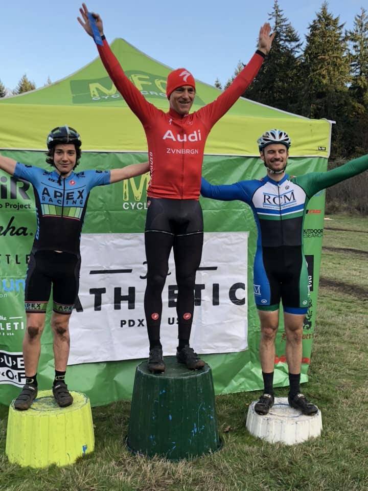 The MFG Cyclocross North 40 Cat 1/2 podium; Adrian battled veteran Ian Tubbs down to the finish line.