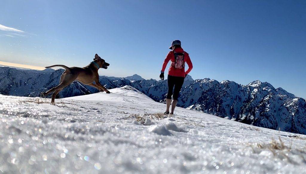 Running on Mt. Townsend, one of their favorite spots in the Olympics, with Summit the dog.