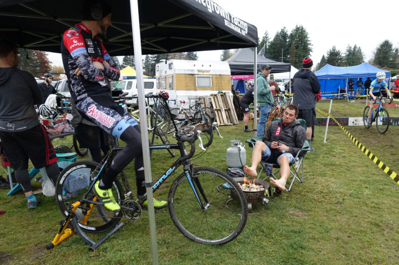 A cyclocross ritual peculiar to the northwest is eating roasted human flesh. The rider in the lounge chair decides he's not quite ready to be served.