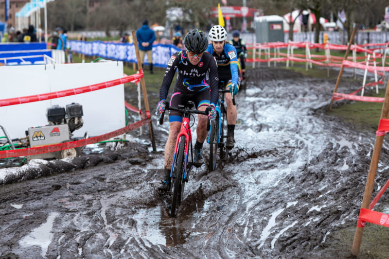 A determined Julie Robertson Ziven playing in the mud on her way to winning the Women's 50-54 2019 National Cyclocross Championship. Credit: Tory Hernandez