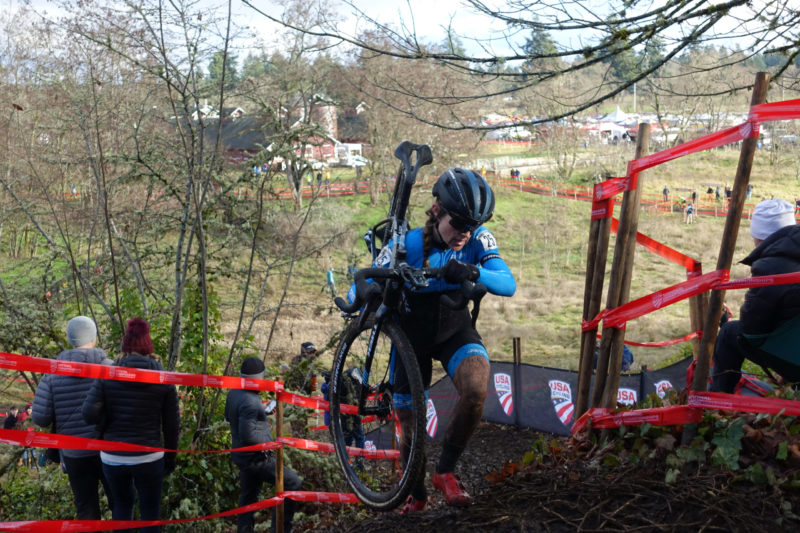 Seattle's Tricia Fleischer (Trek Cyclocross Collective) ascends one of the pro-only sections of the course.