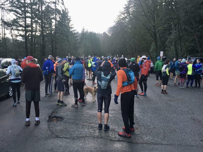 Participants assemble just after sunrise. Host Ron Nicholl is wearing the red cap.