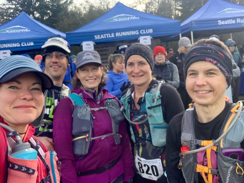 At the start of the Cougar Mountain 50k, her 50th ultra of the year where several friends joined Tabatha