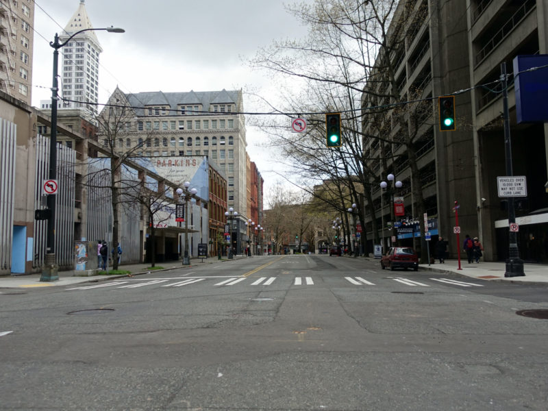 Looking south down 1st Ave near Pioneer Square. There would be heavy traffic here on a typical Saturday afternoon.